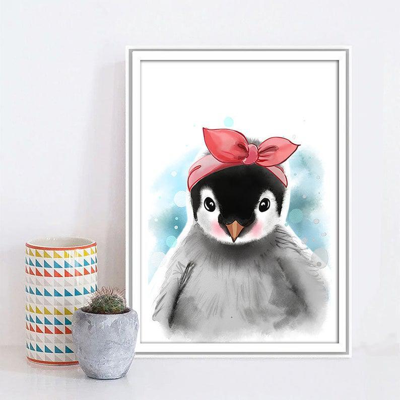 Penguin With Ribbon Crown Printable Art Girls Room Art Nursery Decor Kids Bedroom Poster