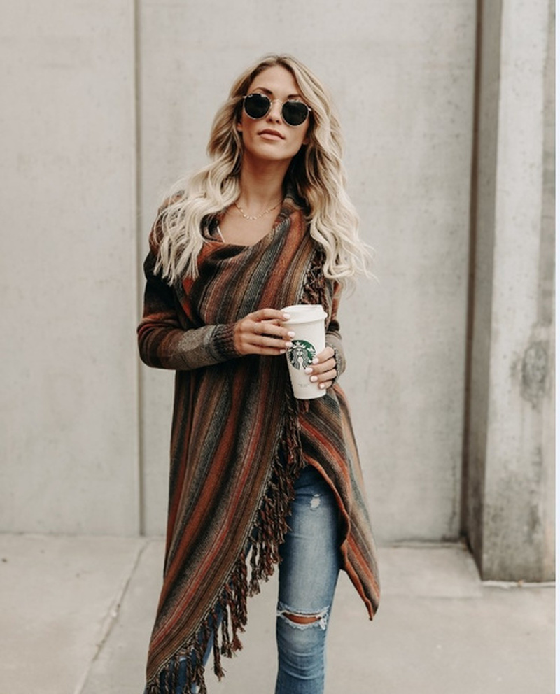 Women Long Sleeve Loose Scarf Collar Striped Tassels Sweater Cardigan England Style Shawl Coat Fashion Streetwear Poncho Sweater alx