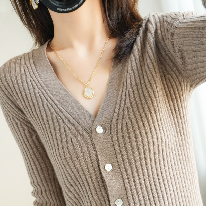 23 Spring Autumn Basic V-Neck Knitted Cardigan Women’s Sweater Wool Casual All-Match Temperament Slimming Slim Long Sleeve Coat alx