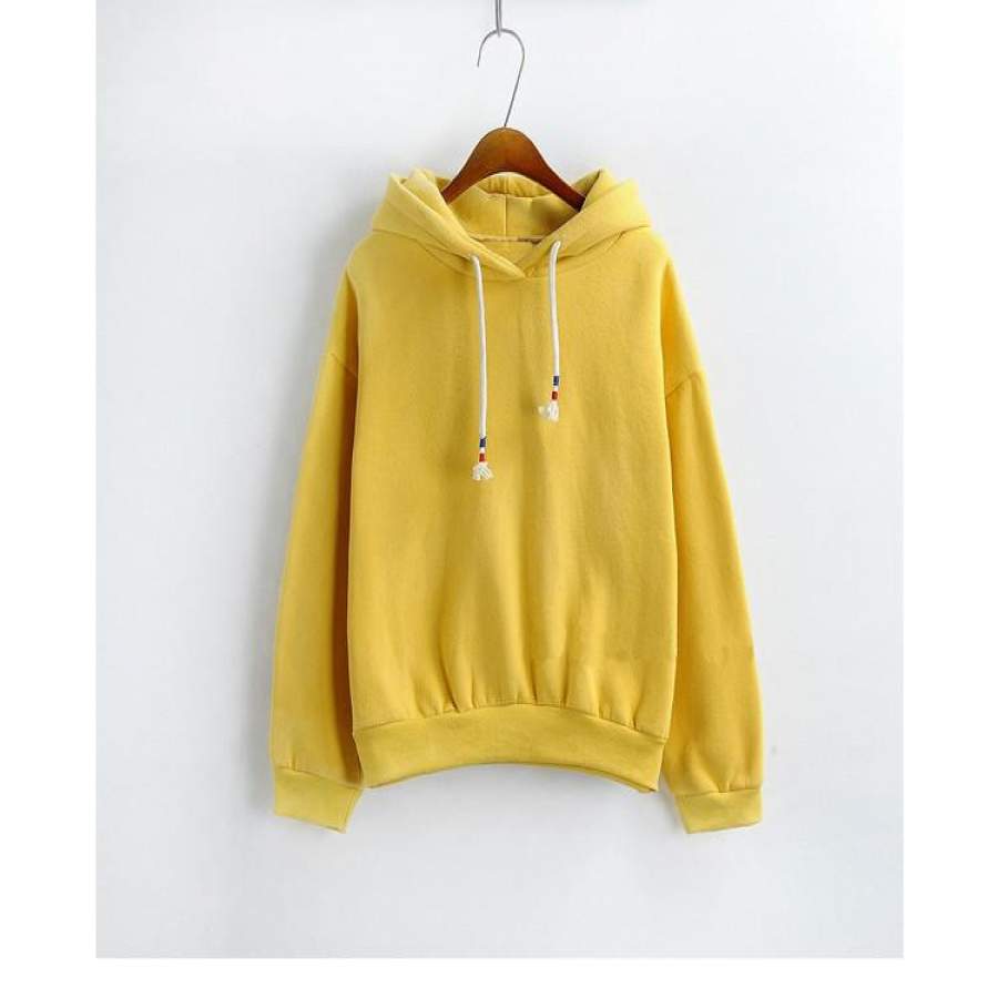 Womens Hooded Sweatshirt New Candy Color Yellow Long Sleeved Thick Casual All-match Solid Leisure Hoodie Loose Top