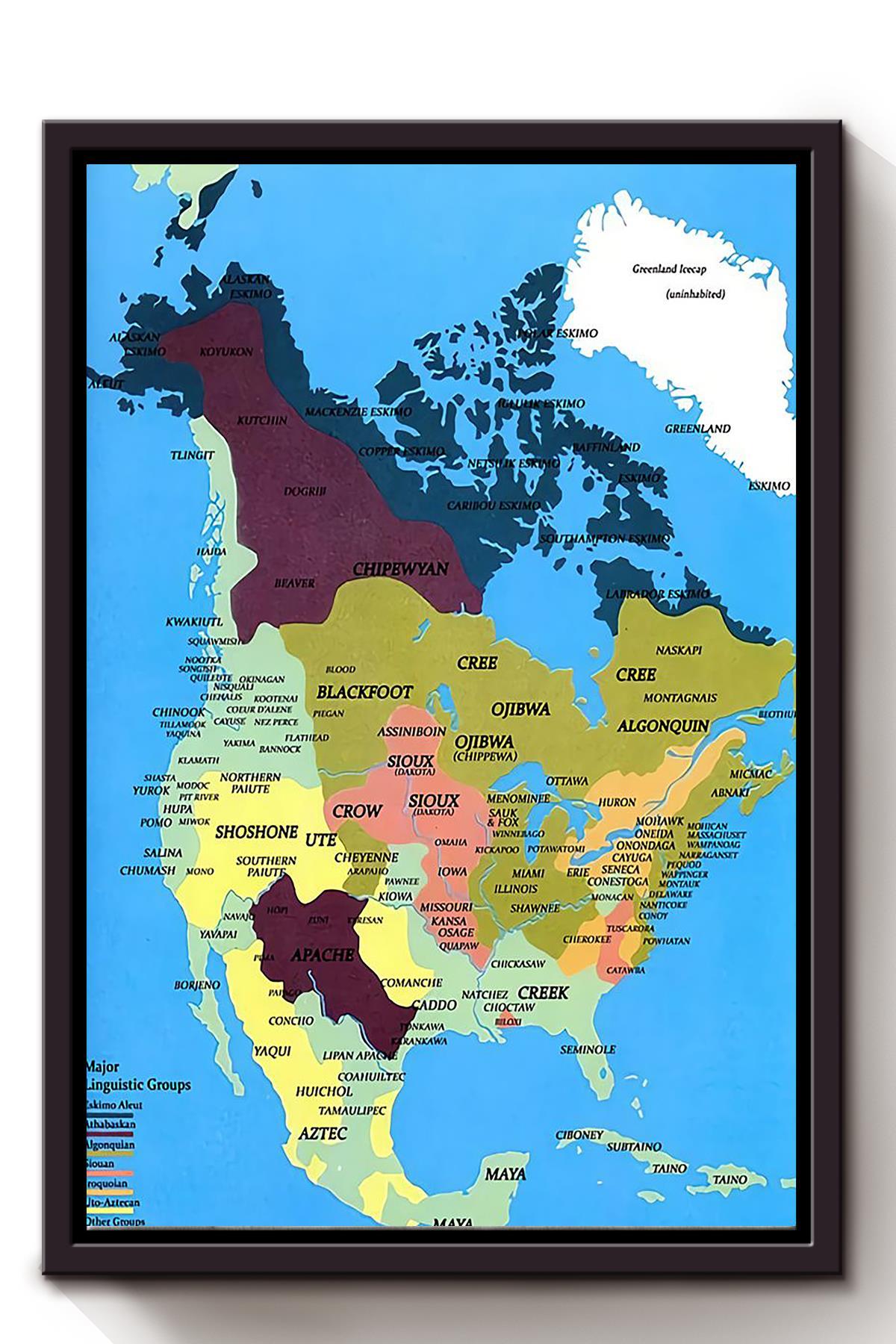 American Map Home Decor Wall Art For Indigenous Americans Framed Canvas