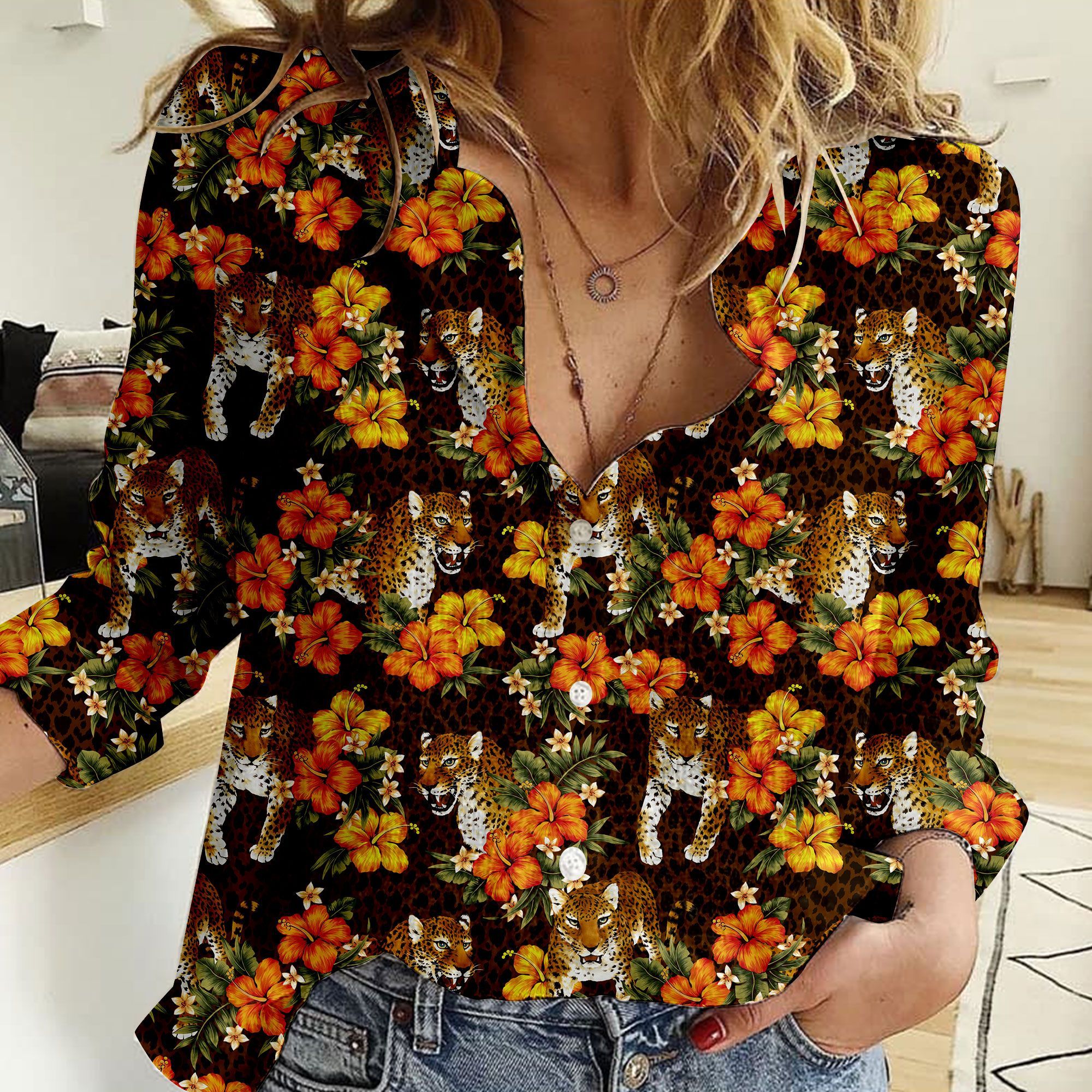 B0706 Ha1145 Tropical Flower Leopard Pattern Linen Shirt