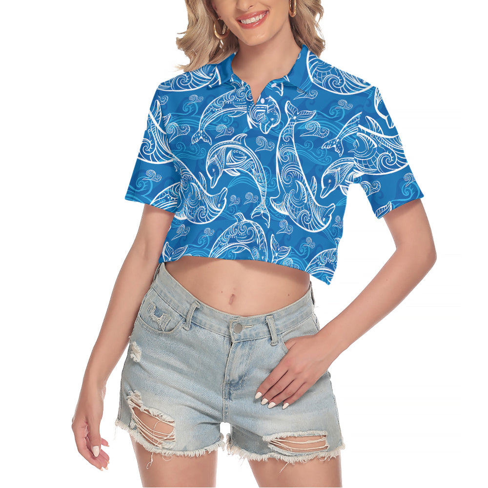 Blue Dolphin Pattern V-Neck Short Sleeve Cropped T-Shirt