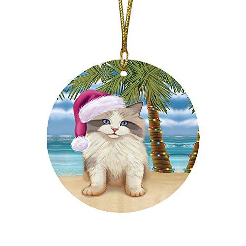 Summertime Ragdoll Kitten On Beach Christmas Round Flat Ornament Por1768