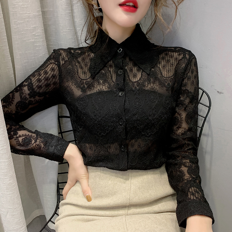 2021 Spring Autumn Women’s Hollow Out Lace Shirts Long Sleeve Elegant Transparent Blouses Embroidery Ladies Lapel Collar Tops alx