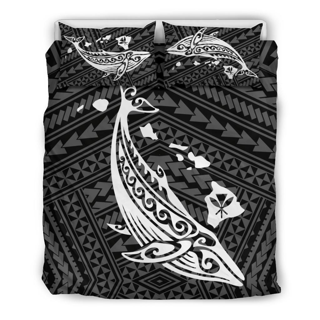 Alohawaii Bedding Set – Cover And Pillow Cases Hawaiian Map Whale Polynesian – Black And White – Ah J9