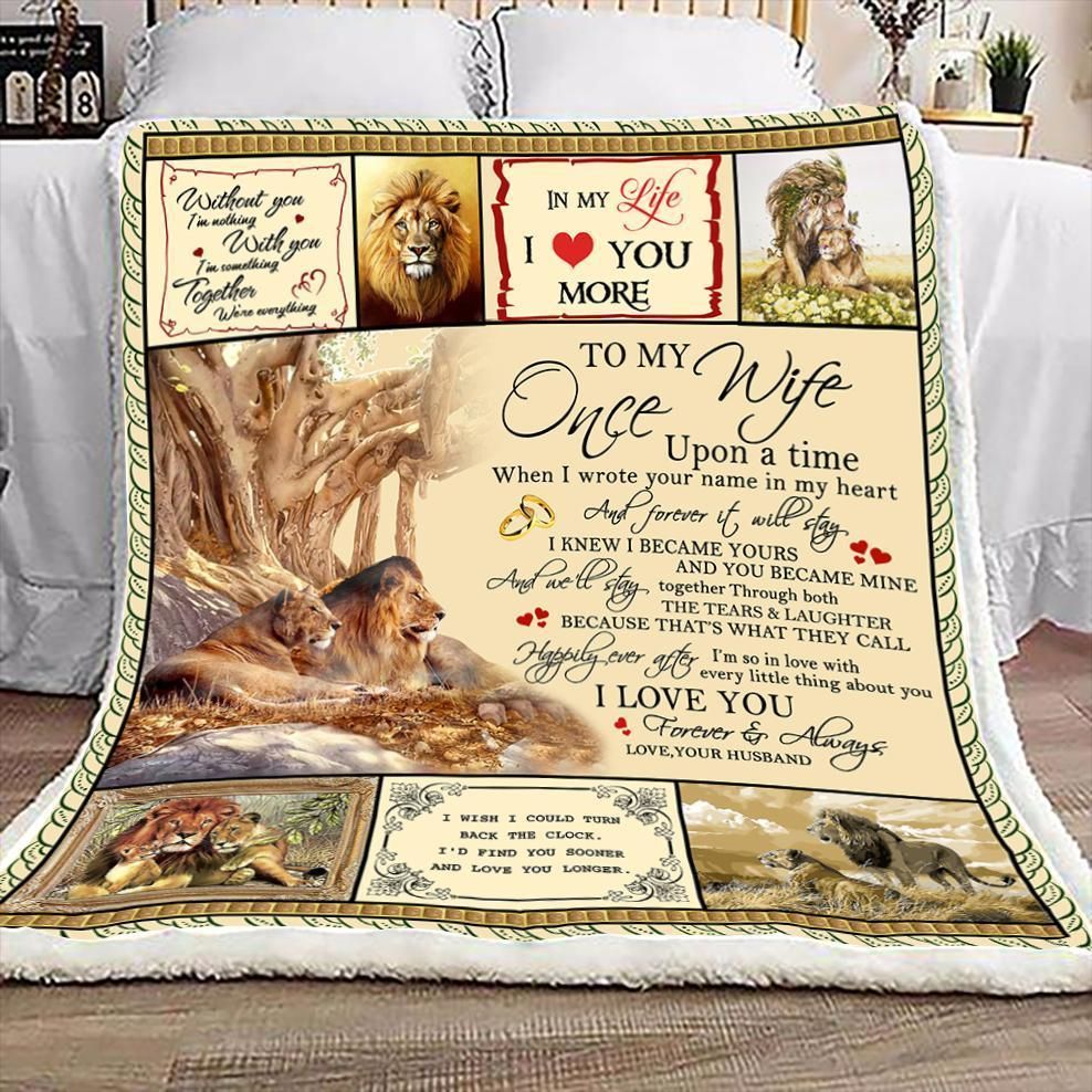 To My Wife Happily Ever After Love Your Husband Lion Cozy Fleece Blanket Sherpa Blanket