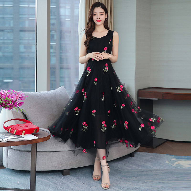 2022New Fashion Women’s Beach Party Plus Size Lace Chiffon Sleeveless Slim Rose Floral Print Female Long Summer Vestidos Dress alx