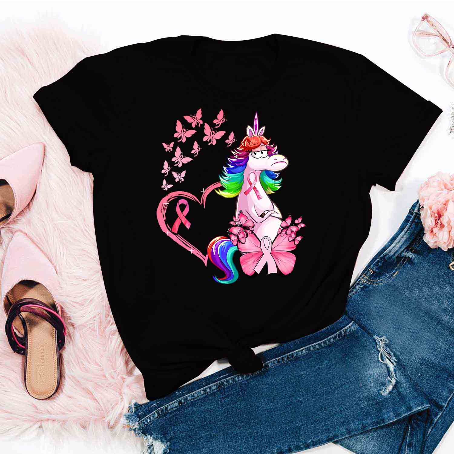 Angry Unicorn Shirt Heart – Breast Cancer Awareness T-Shirt Gifts For Mom Daughter Friends Hoodies Sweater Pink