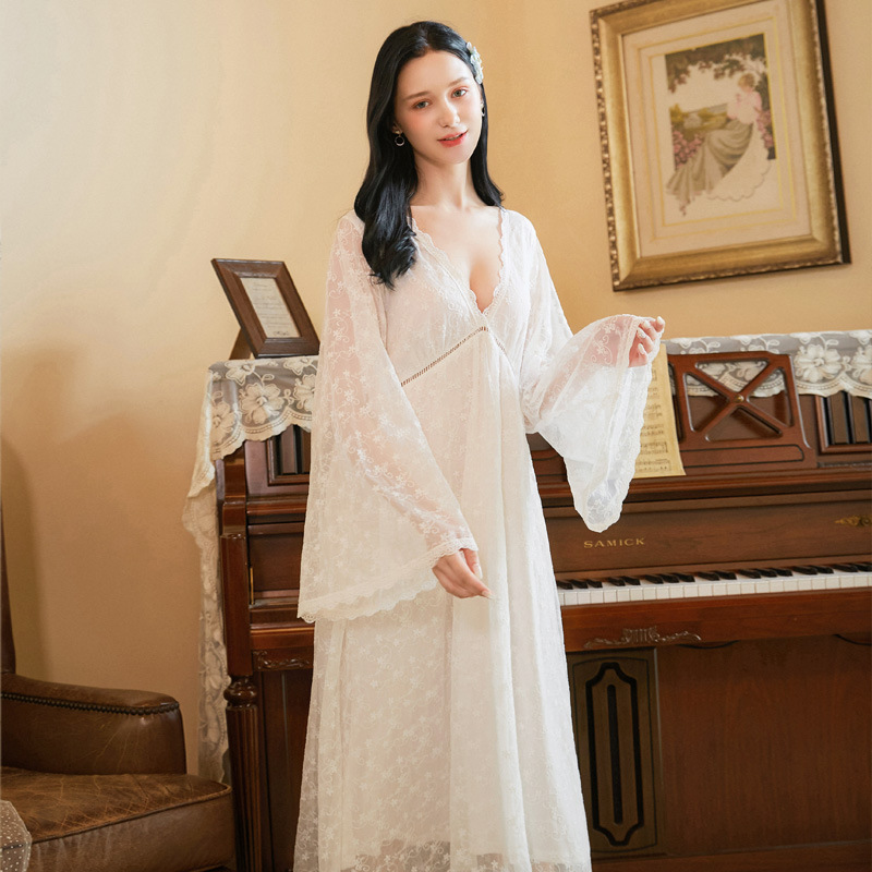 V-neck Nightgown Sleepwear Women Sexy Modal Sleep Dresses Home Clothing Lace Kimono Bath Robe Casual Flare Sleeve Homewear Gown alx