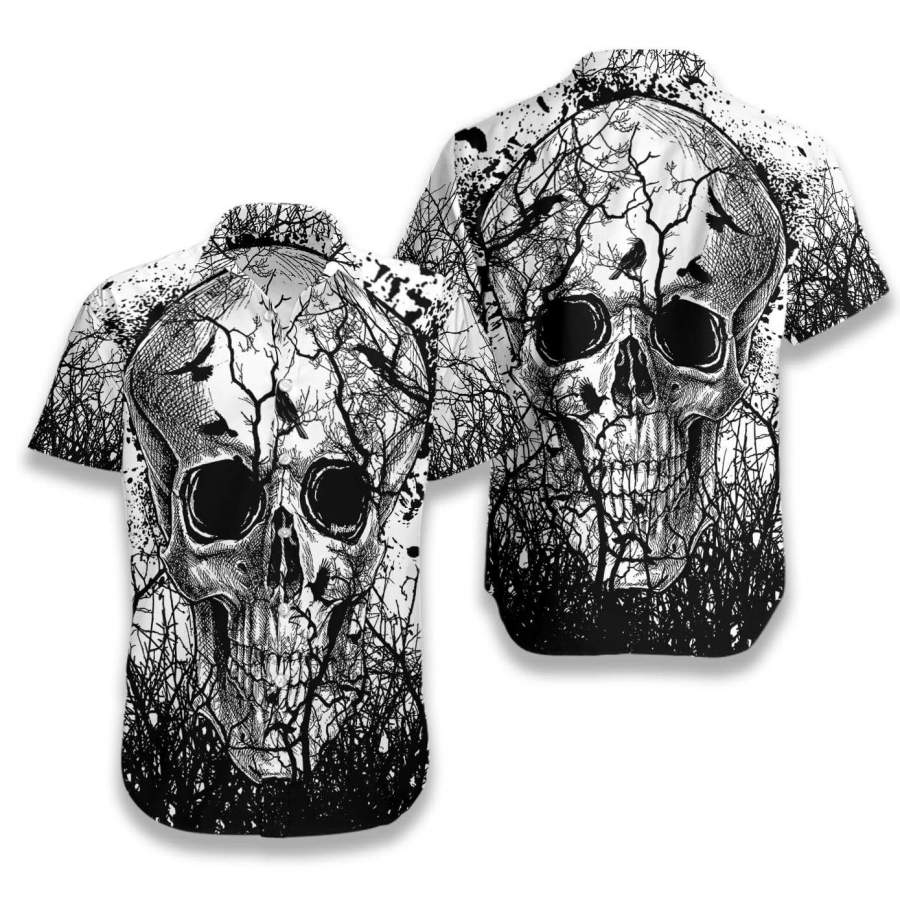 Skull Crow Black White Hawaii Aloha Shirts Ha63839