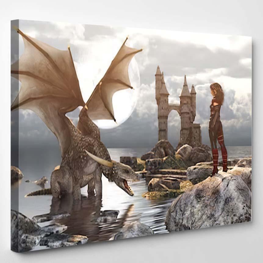 3D Fantasy Dragon Resting On Water – Dragon Animals Canvas Print