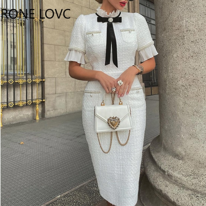 Women Elegant Round Neck Short Sleeves Bow Ruffle Hem Beaded Formal Fragrant Breeze White Dress alx