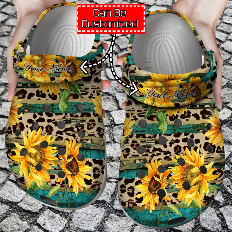 Sunflower Print – Rustic Sunflower Tea Wood Leopard Clog Shoes For Men And Women