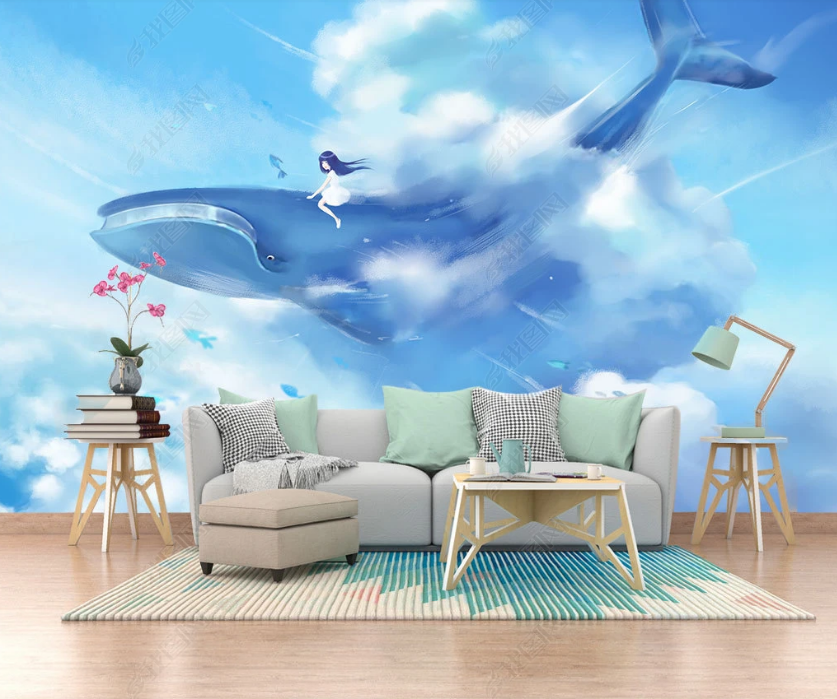 3D Cartoon Sky Dolphin Girl Illustration Wall Mural Wallpaper Lqh 21