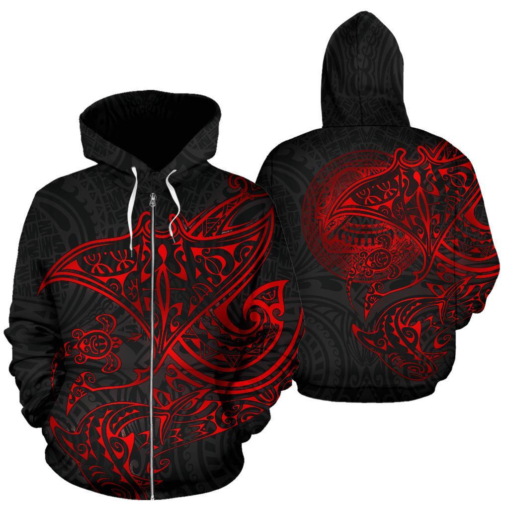 American Samoa Polynesian Zip-Up Hoodie – Red Turtle Shark Manta – Pacific Print Hoodie