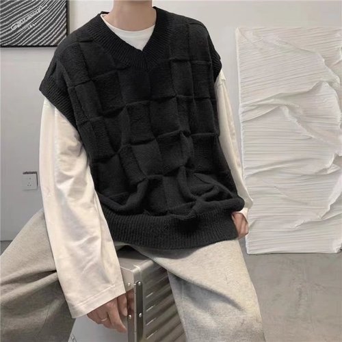 Sweater Vest Men Plaid Design All-match Fashion Pure Color High Street Ulzzang Teens College Popular Stylish Unisex Clothing Ins alx