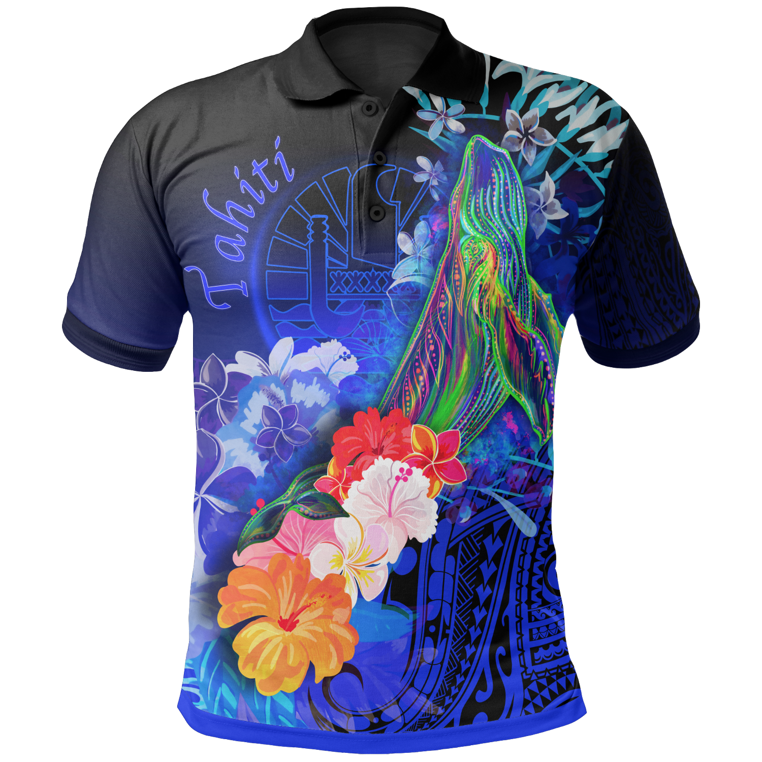 Tahiti Polo Shirts  – Humpback Whale With Tropical Flowers (Blue)