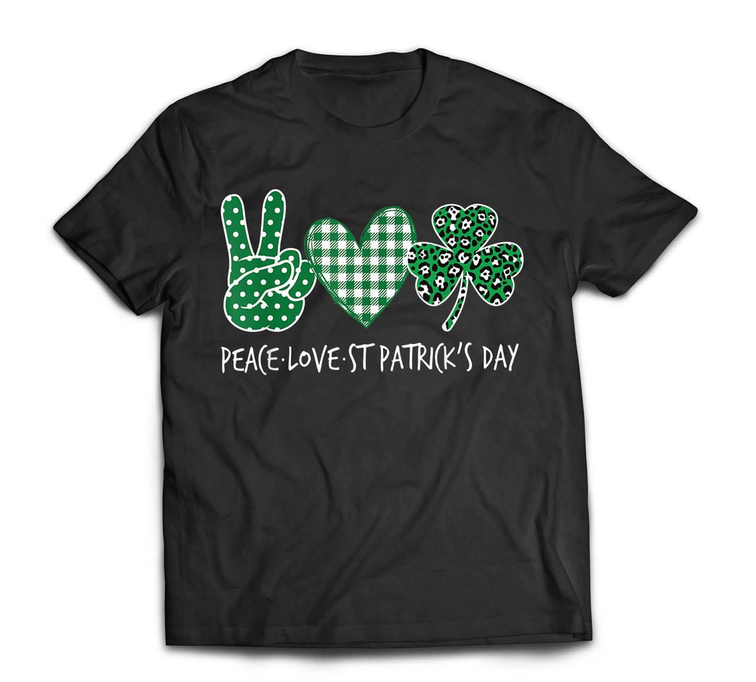 Green Plaid Leopard Peace Love Shamrock St Patrick’s Day T-Shirt