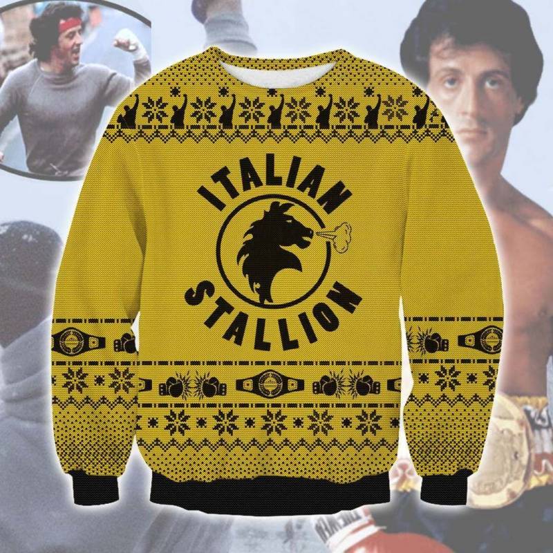 Rocky Italian Stallion Knitting Pattern 3D Print Ugly Christmas Sweatshirt Thanksgiving Day 2022 Gift