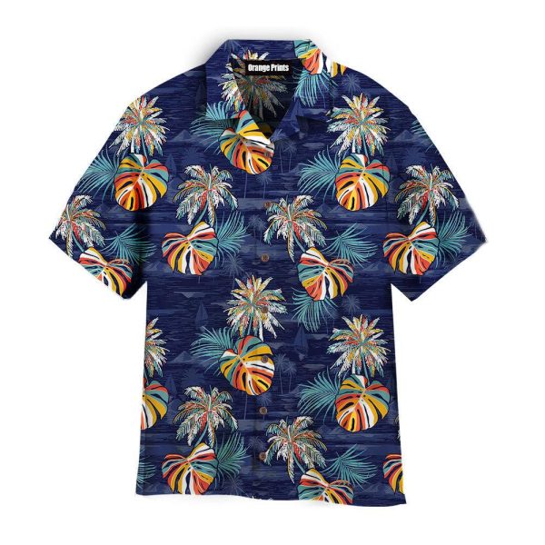 Navy Blue Palm Leaves Island Pattern Hawaii Shirt For Men Women Ha44863