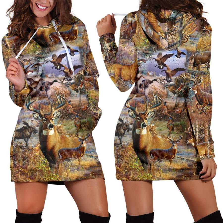 Women’s Hoodie Dress – Camo Hunting Animals Art