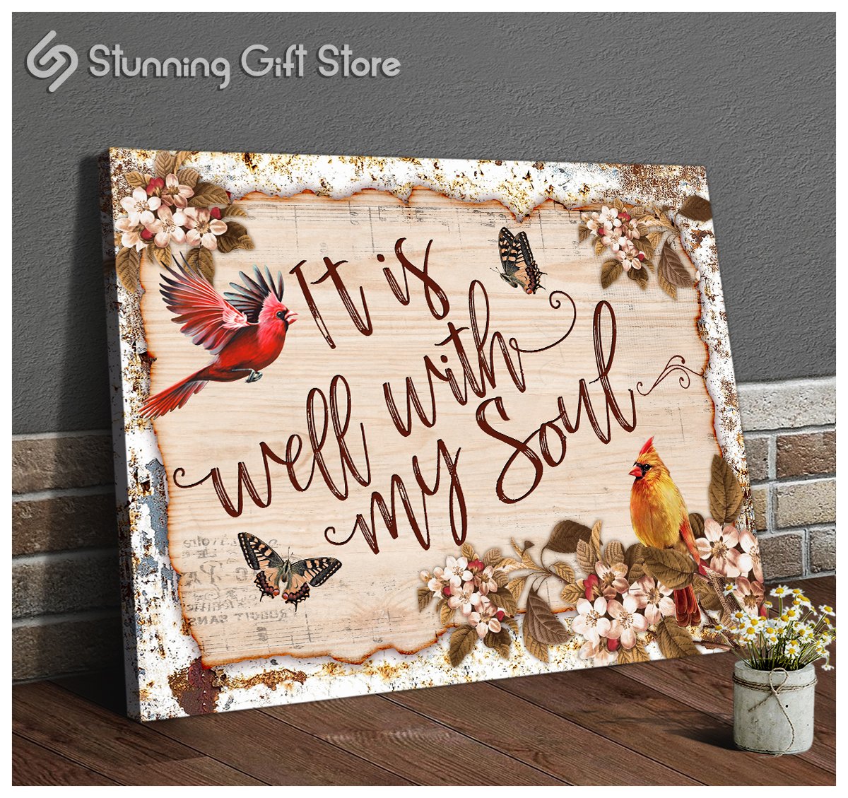 Christian Wall Art Rustic Floral Design Cardinal It Is Well With My Soul Hymn Canvas Wall Art