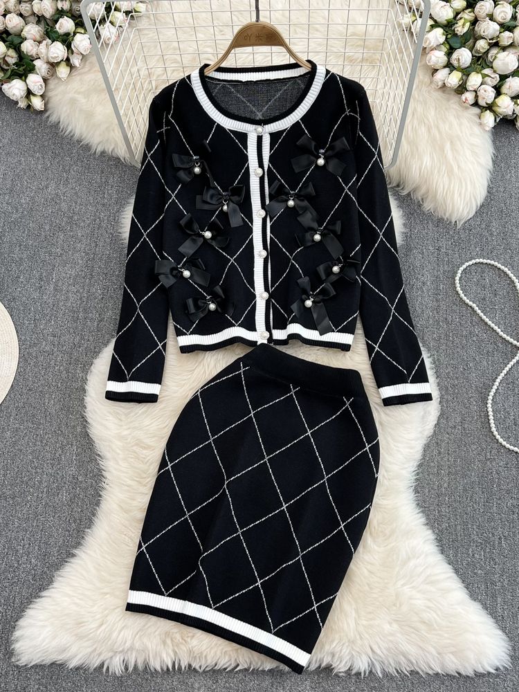 Small Fragrance Autumn Winter Knitted Suit Plaid Single Breasted Bowknot Pearls Cardigan Jacket + High Waist Mini Skirt Set alx