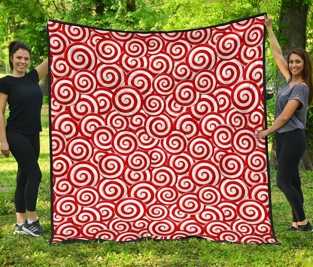 Red and White Candy Spiral Lollipops Pattern Premium Quilt