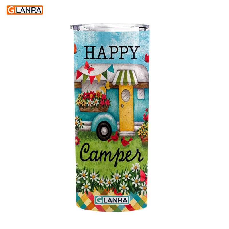 Happy Camper Skinny Tumbler, Camping Skinny Tumbler, Vintage Camper Skinny Tumbler, Stainless Steel, Water Bottle, Glitter, Metal, Insulated, Tumbler