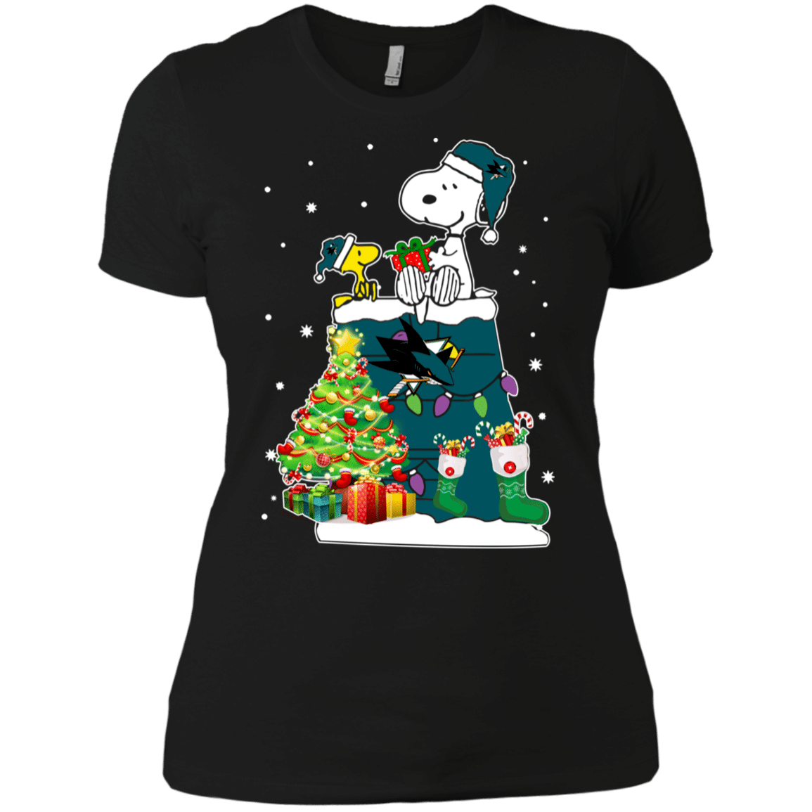 Check out this awesome San Jose Sharks Snoopy & Woodstock Christmas Shirt Ladies’ Boyfriend Shirt