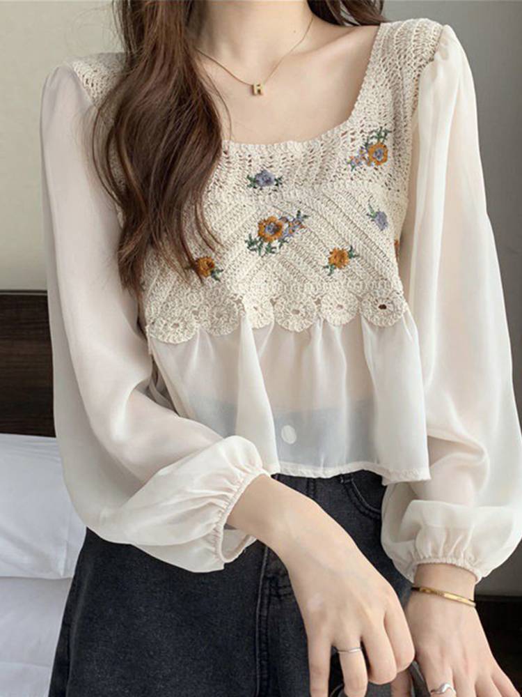 ZANZEA Elegant Chiffon Sheer Blouse Women Long Puff Sleeve Blusa Casual Square Collar Chemise Korean Fashion Crochet Flower Tops alx