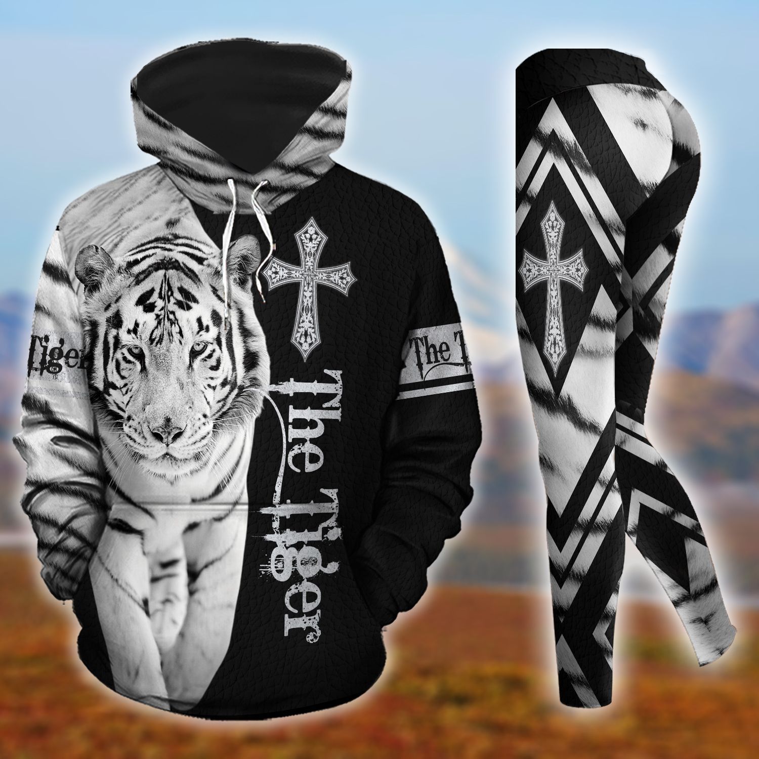 Christ Cross White Tiger All Over Print Leggings Hoodie Set Outfit For Women | Hts1106