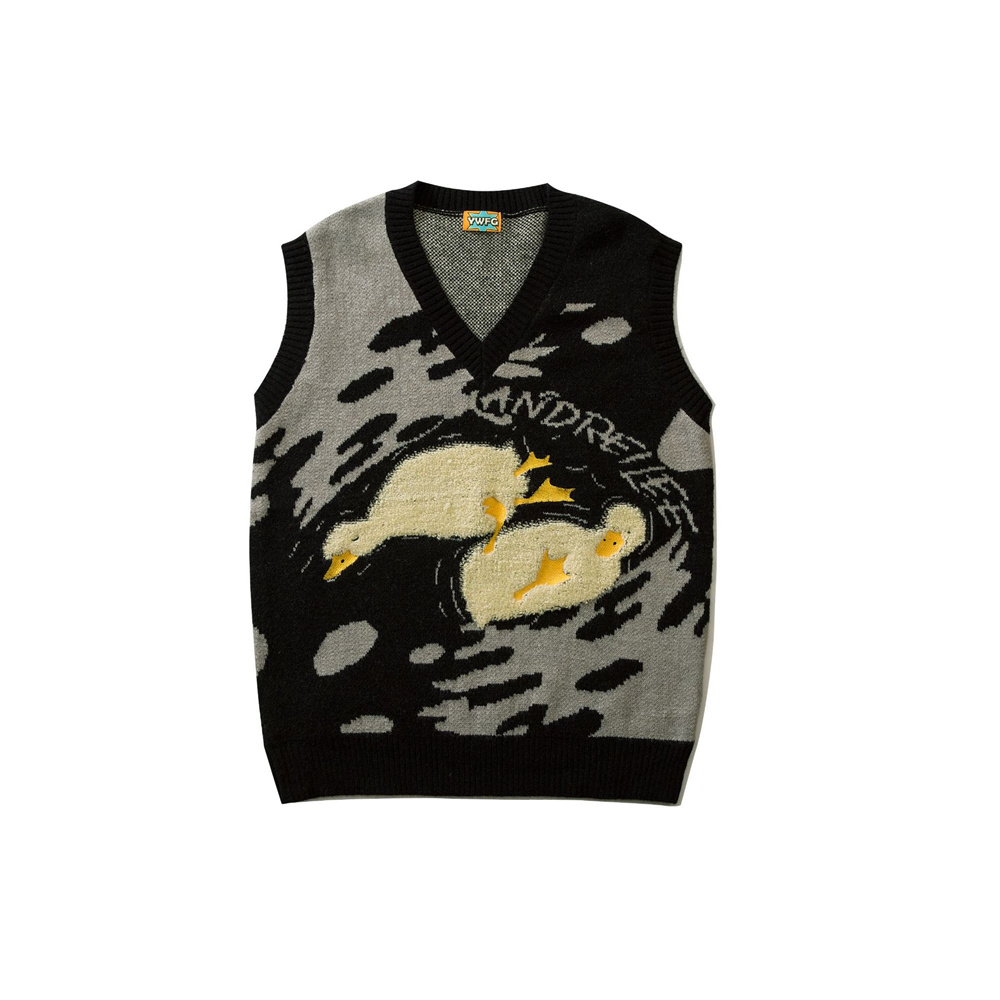 Cartoon Duck Pattern Men V-Neck Sweater Vest Streetwear 2022 Autumn Sleeveless Sweaters Men Harajuku Hip Hop Knitted Pullover alx