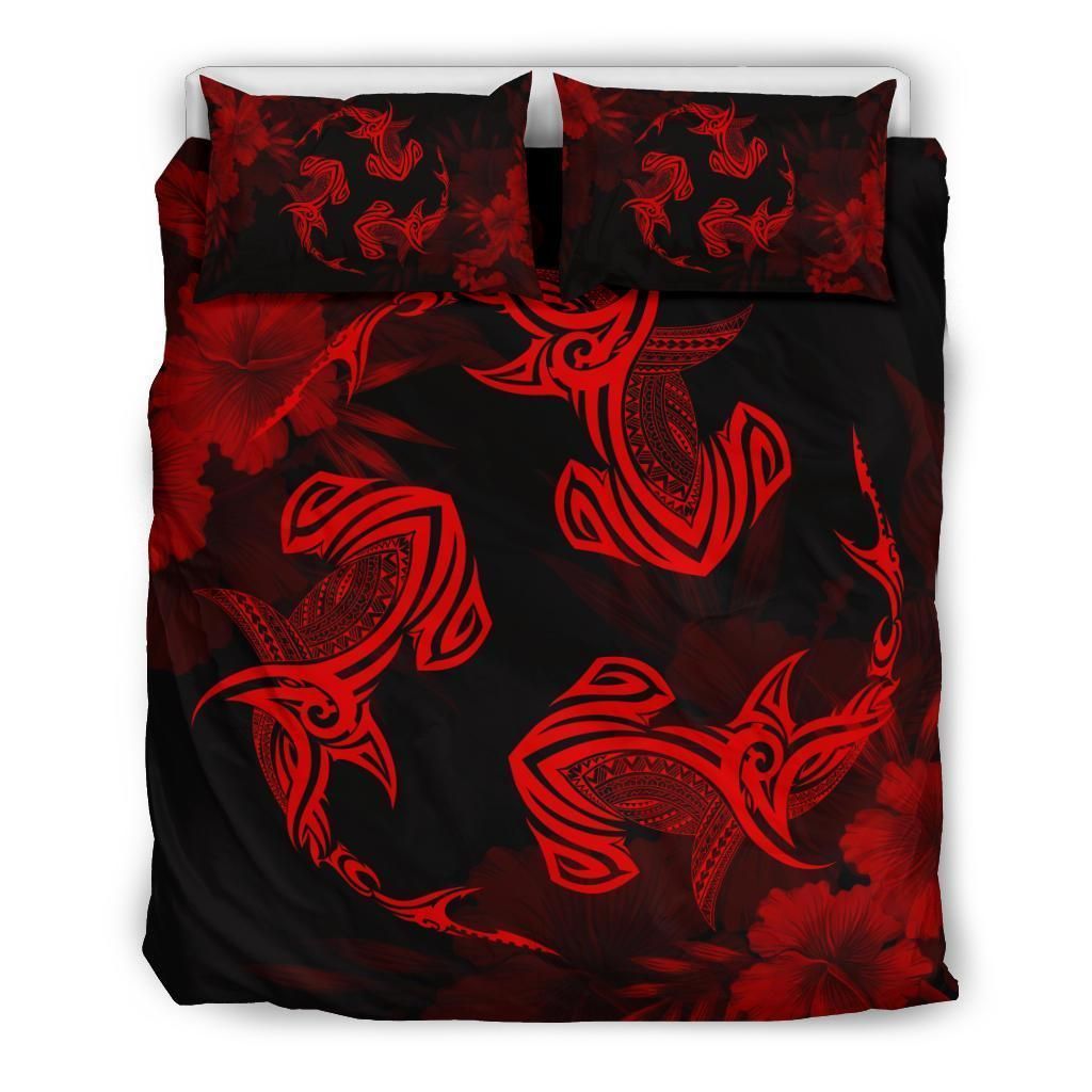 Alohawaii Bedding Set – Cover And Pillow Cases Hawaiian Hammerhead Shark Hibiscus Red Polynesian – Ah – J4