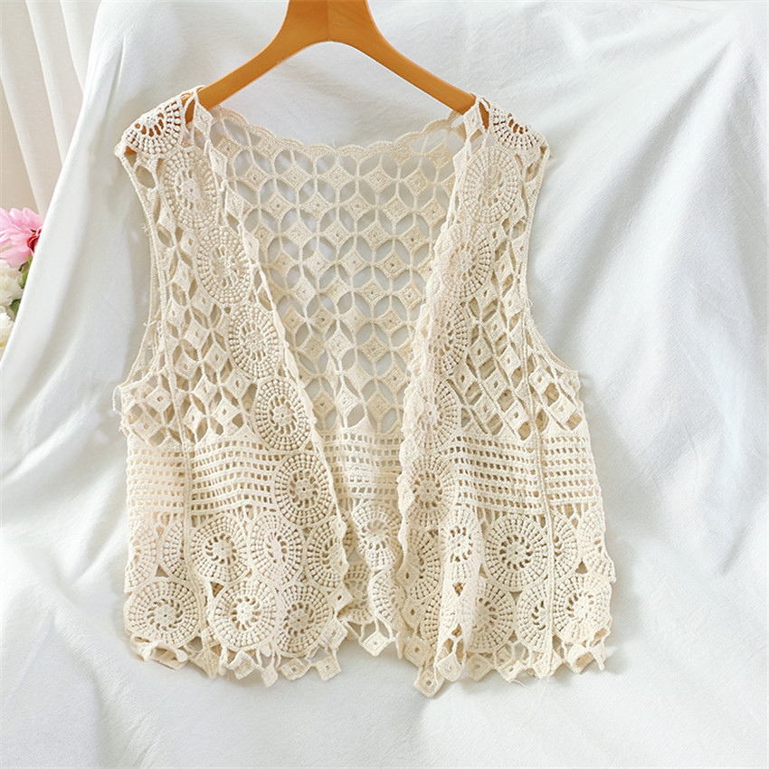 Spring Summer Sexy Hollow Out Lace Top Vest Crochet Sleeveless Waistcoat Women Open Stitch Short Outwear Chalecos Para Mujer alx