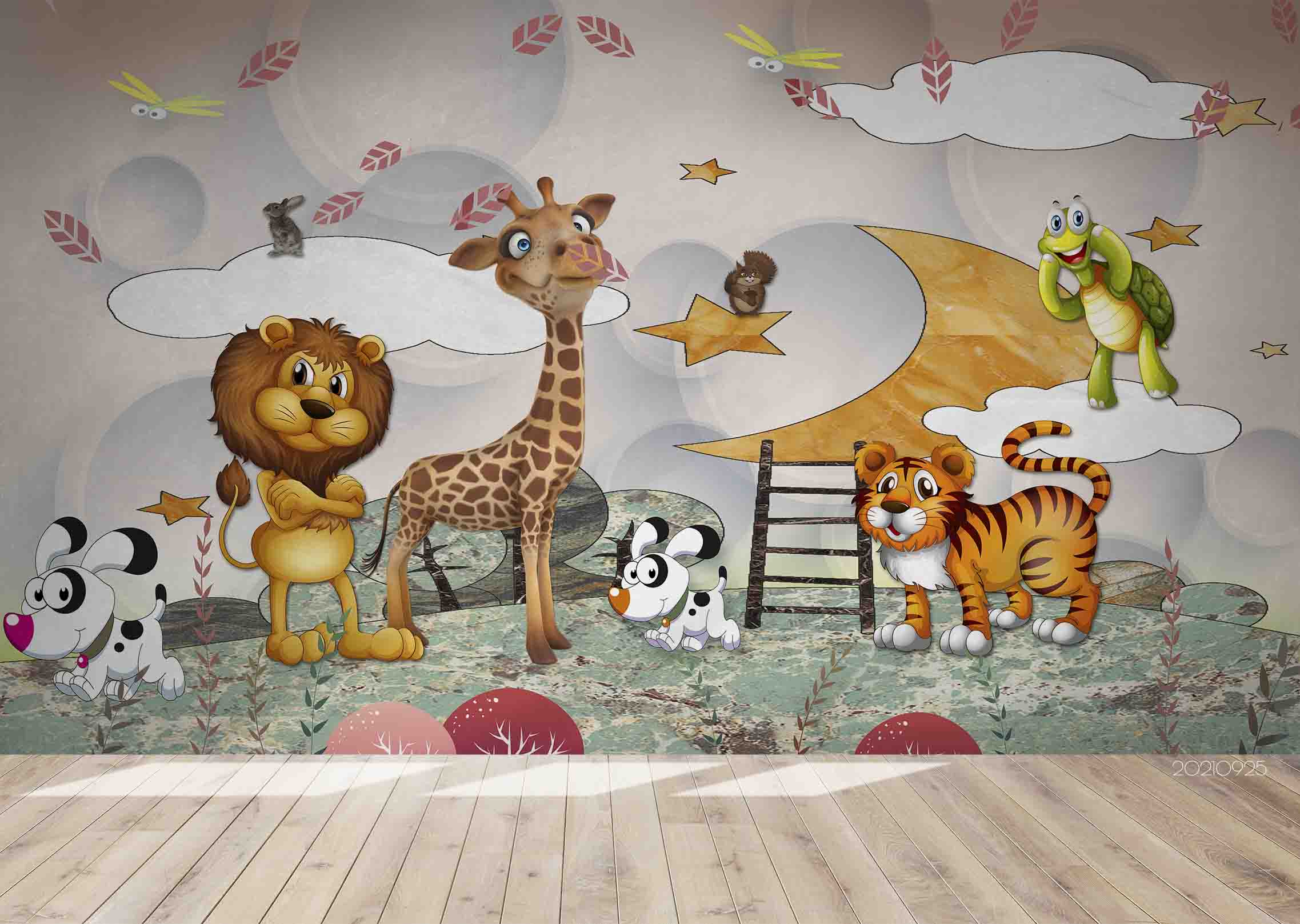 3D Cartoon Sky Cloud Animal Lion Giraffe Wall Mural Wallpaper Lqh 271