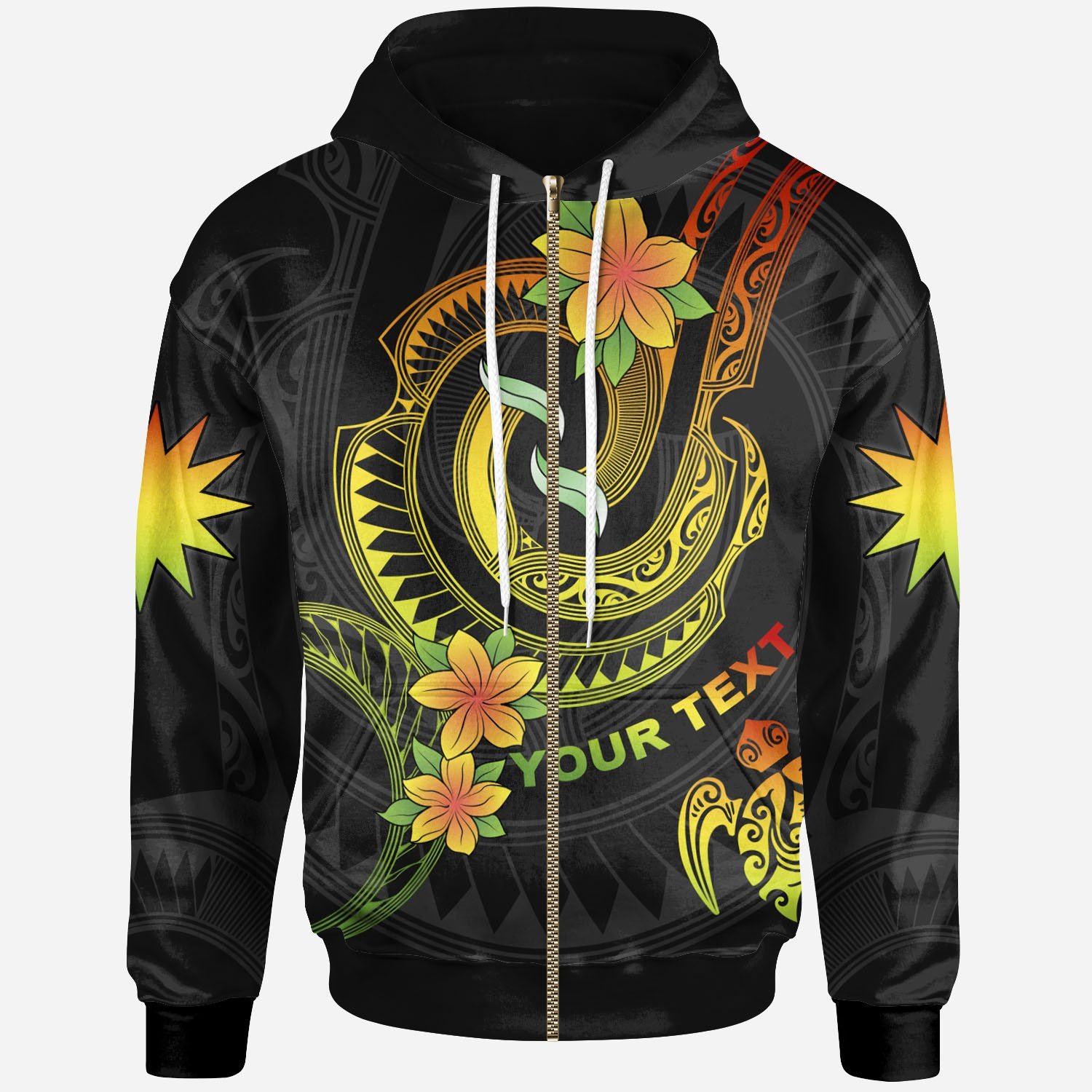 Nauru Custom Personalised Zip-Up Hoodie – Reggae Plumeria Flowers with Spiral Patterns – BN26