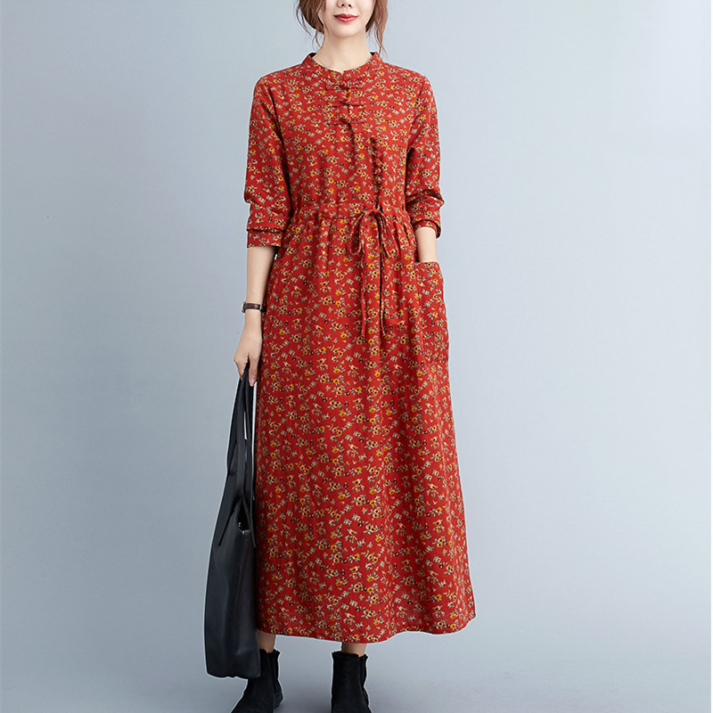 2022 New Arrival Cotton Linen Loose Women Autumn Dress Print Floral Vintage Chinese Style Spring Dress Office Lady Work Dress alx