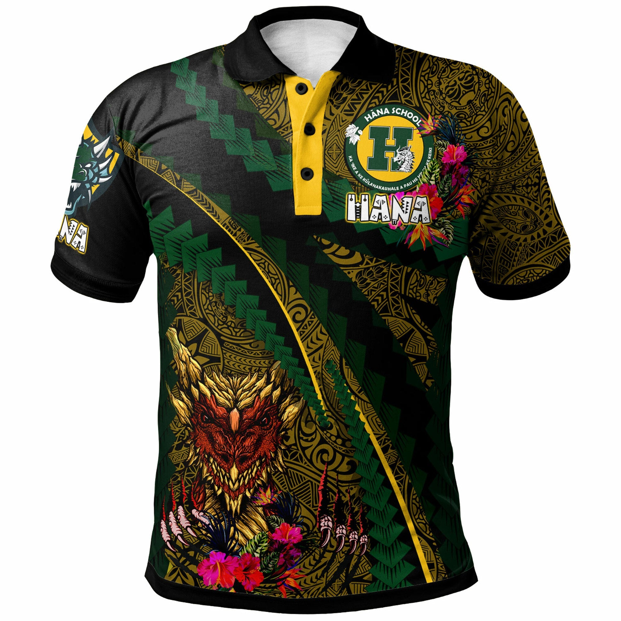 Hawaii Hana High And Elementary School Custom Polynesian Polo Shirt – Hana Dragons With Tropical Flowers Tribal Pattern Scratch Style