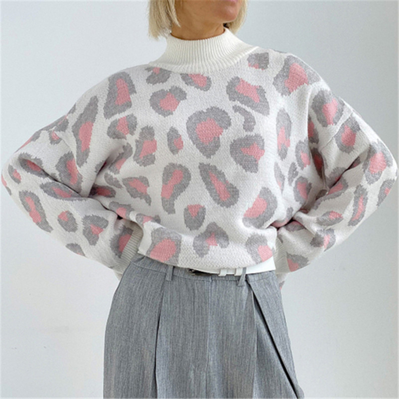 Autumn Women’s Sweater 2022 Leopard Print Animal Basic White Turtleneck Oversize Jumper Vintage Warm Knitted Sweaters for Women alx