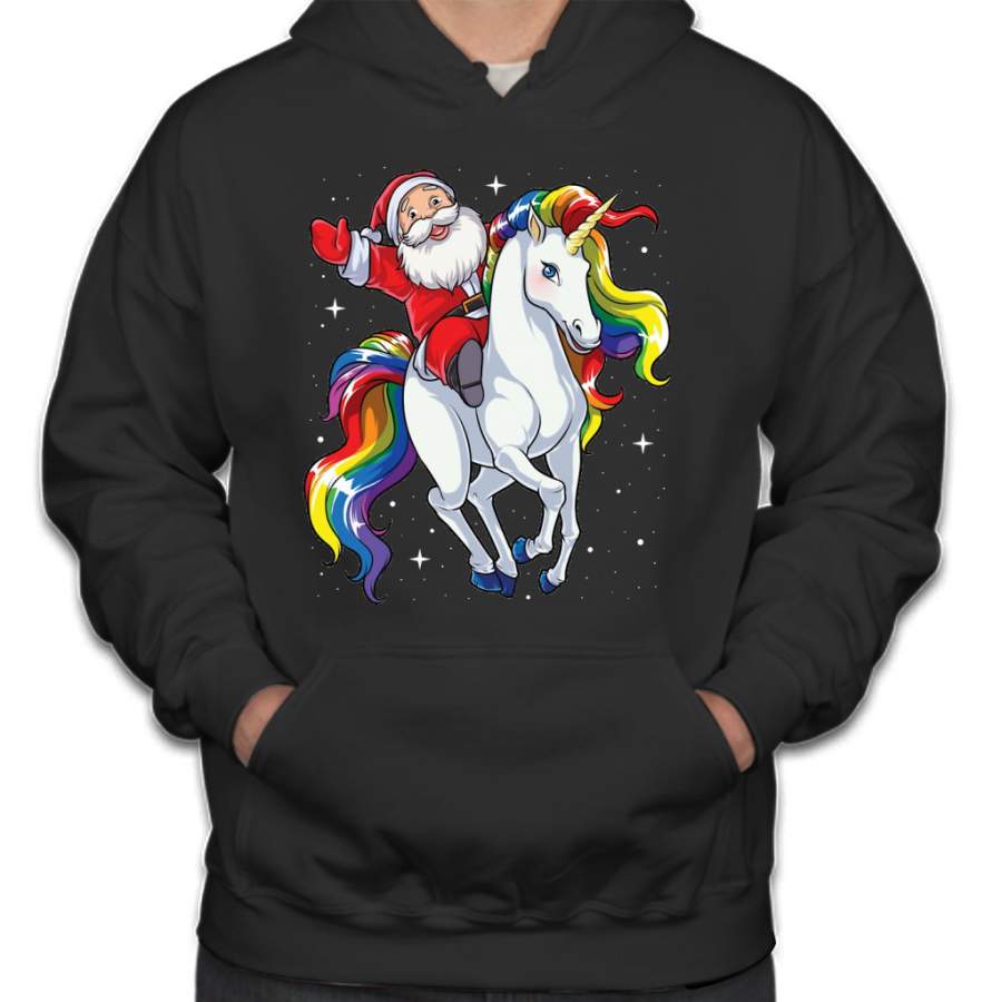 Santa Riding Unicorn T Shirt Christmas Gifts Rainbow Space Xmas T-shirt Gifts Ideas Hoodie