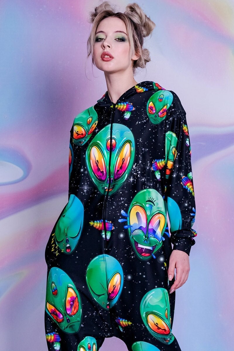 Alien Onesie, adult onesie, raver onesies for women, onesie pajamas, zip onesies, harajuku clothing, alternative clothing, festival outfit