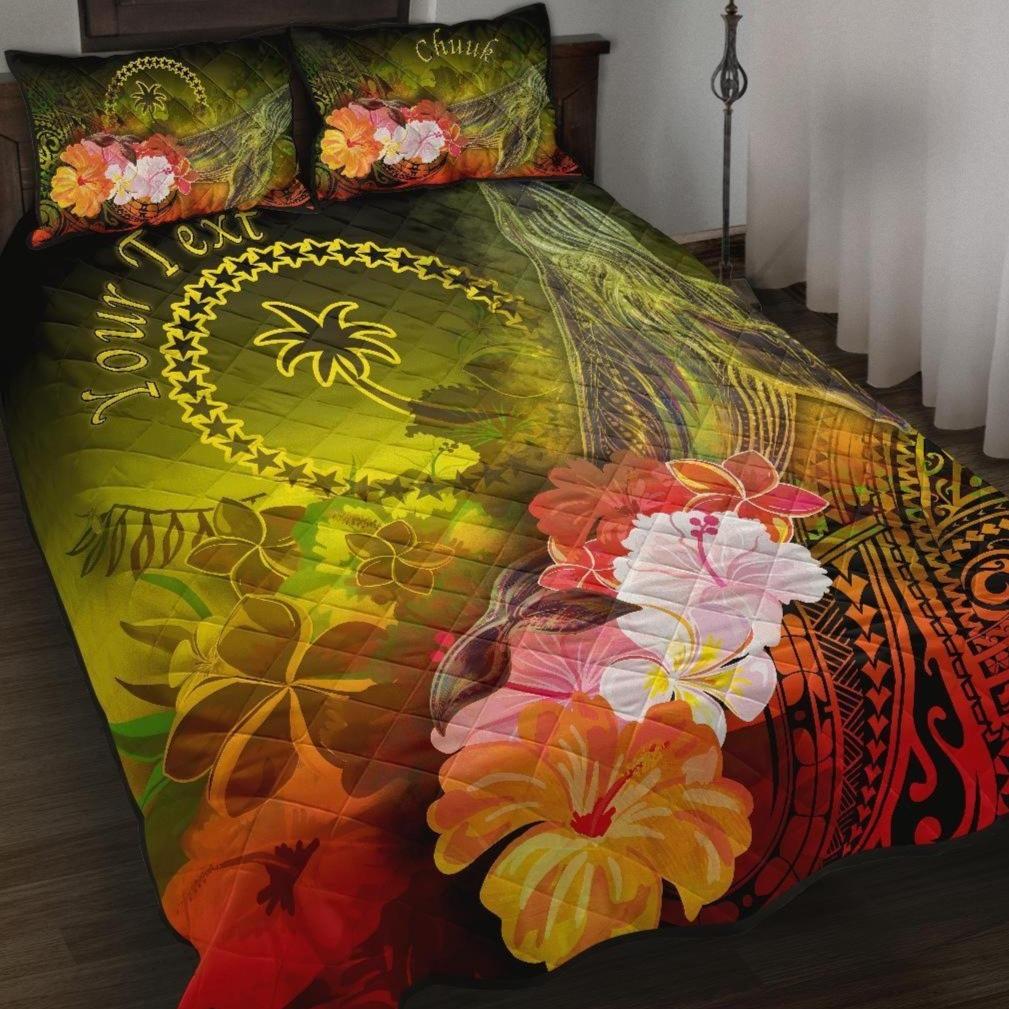 [Custom Personalised] Chuuk Quilt Bed Set – Humpback Whale With Tropical Flowers (Yellow)