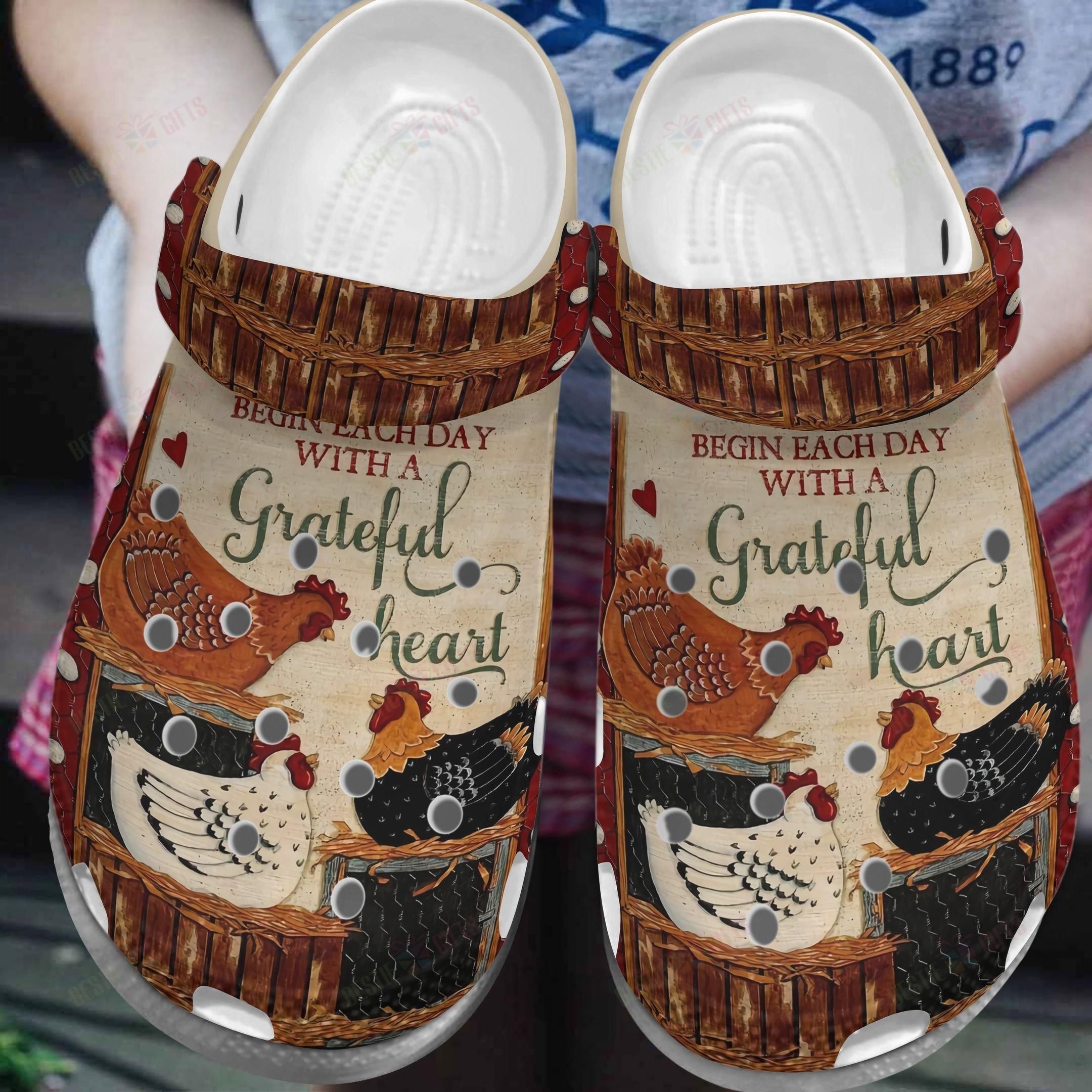 Chicken Crocss Classic Clog Whitesole Begin Each Day With A Grateful Heart Shoes For Men Women Kids