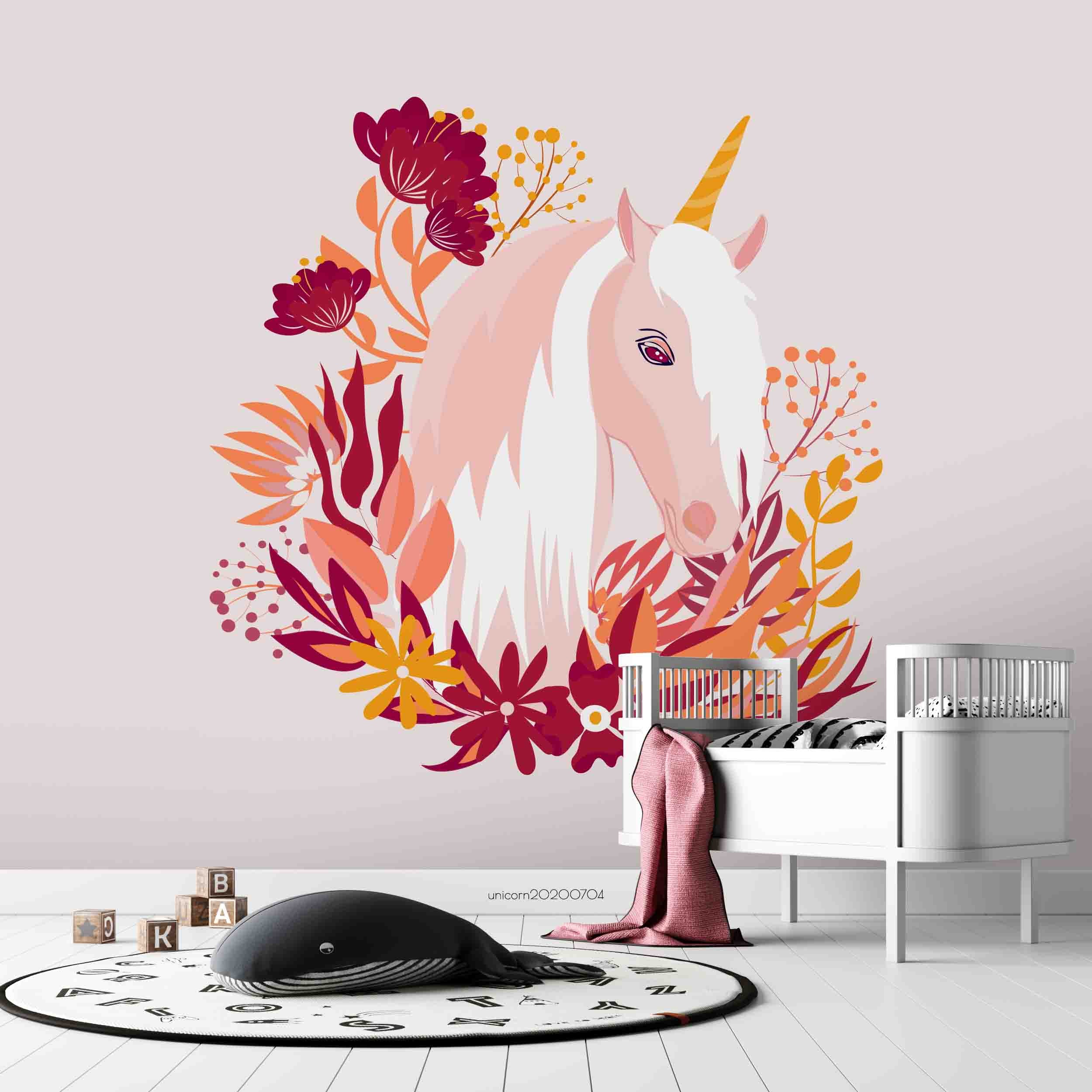 3D Cartoon Floral Ring  Pink Unicorn Wall Mural Wallpaper Lxl 233