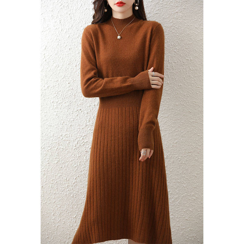 100% Wool Knitted Dresses For Women 2022 New Arrival Winter/ Autumn Oneck Female Dresses Long Style Jumpers alx