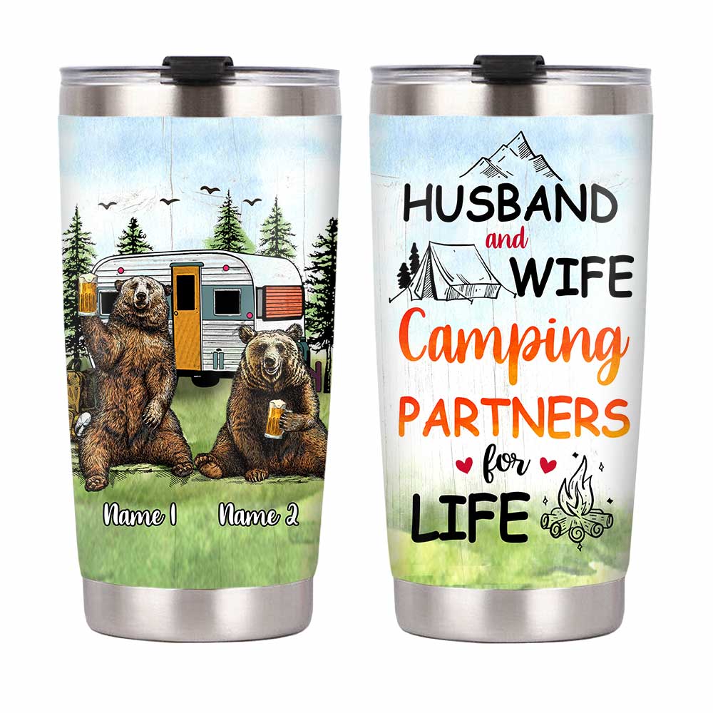 Personalized Couple Bear Husband Wife Camping Steel Tumbler Jn151 81O58