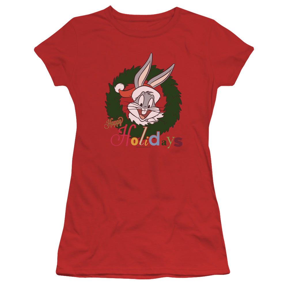 Looney Tunes Holiday Bunny Junior Sheer Cap Sleeve Womens T Shirt Red