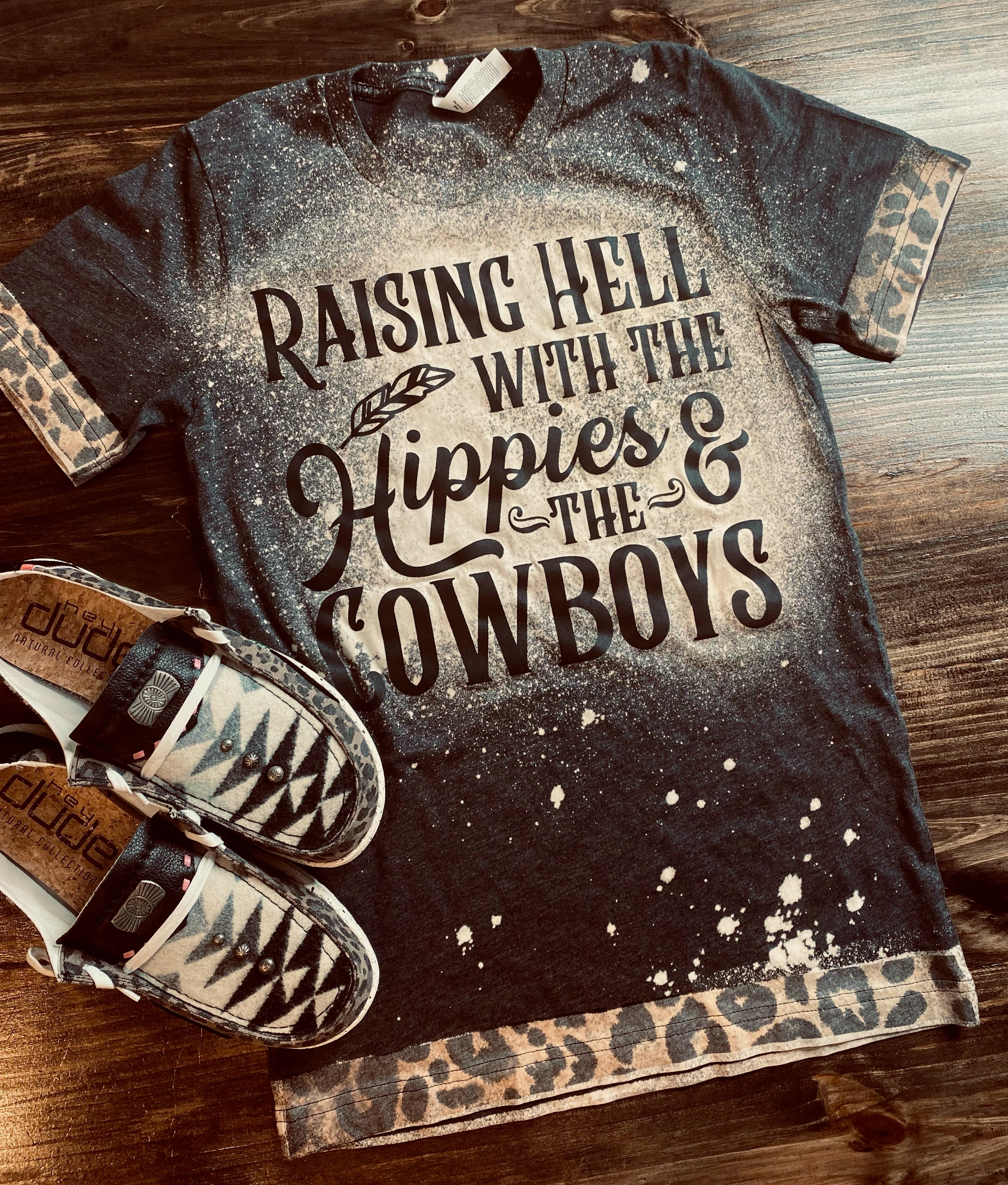 Raising Hell With The Hippies And Cowboys Leopard Trim Bleached Graphic Tee